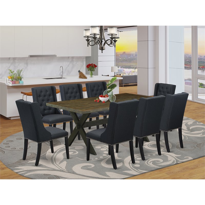 Pemberly Row X-Style 9-Piece Wood Dining Table Set in Black Finish