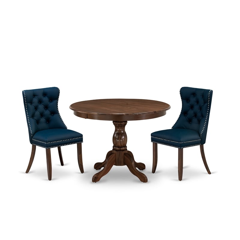 Pemberly Row Round Antique Walnut 3-Piece Dining Set with Navy Blue Chairs