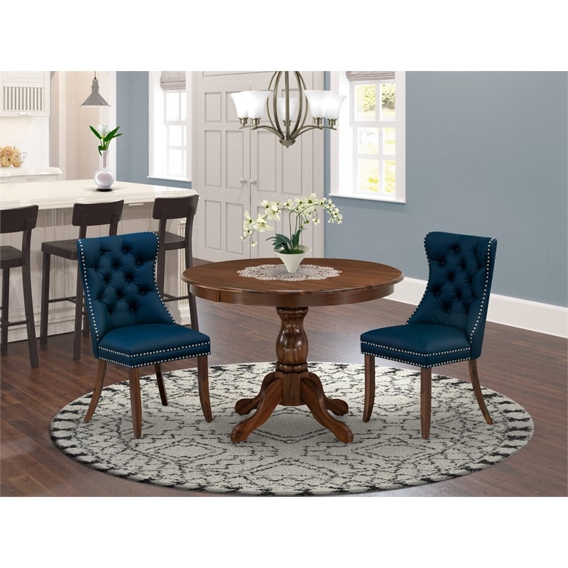 Pemberly Row Round Antique Walnut 3-Piece Dining Set with Navy Blue Chairs
