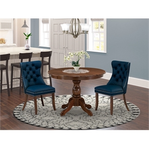 Pemberly Row Round Antique Walnut 3-Piece Dining Set with Navy Blue Chairs
