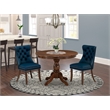 Pemberly Row Round Antique Walnut 3-Piece Dining Set with Navy Blue Chairs