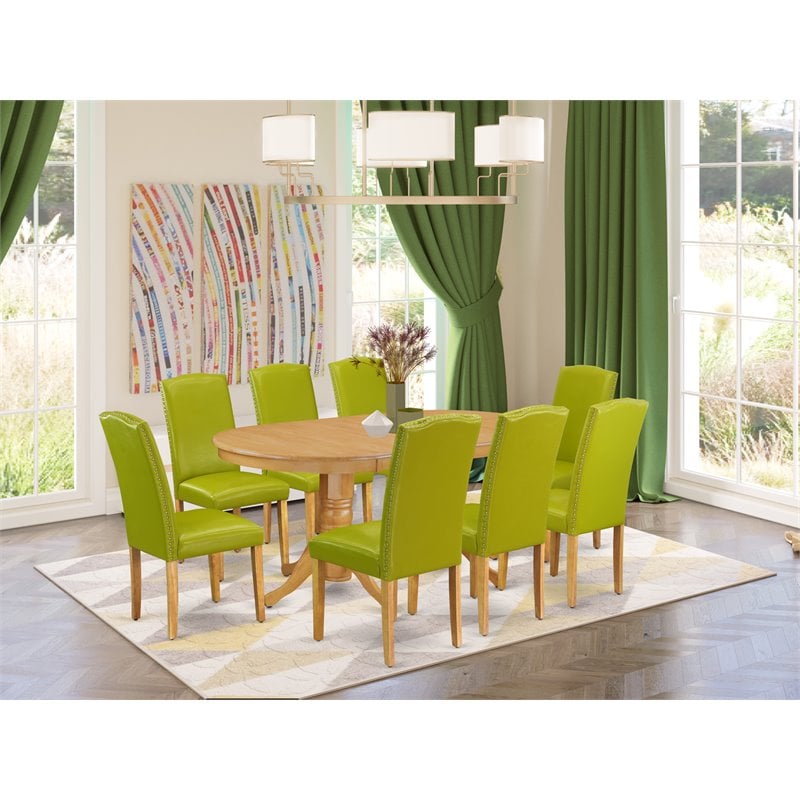 Pemberly Row 9-Piece Oak Dining Set with Oval Table and Autumn Green Chairs