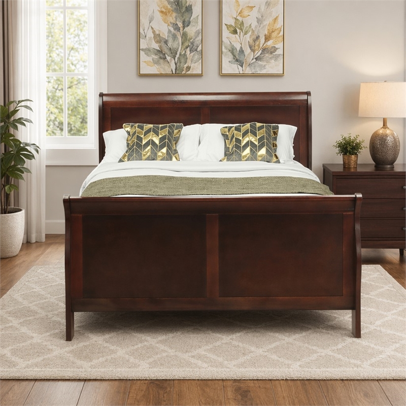 Pemberly Row Louis Philippe Wood Queen Bed in Walnut