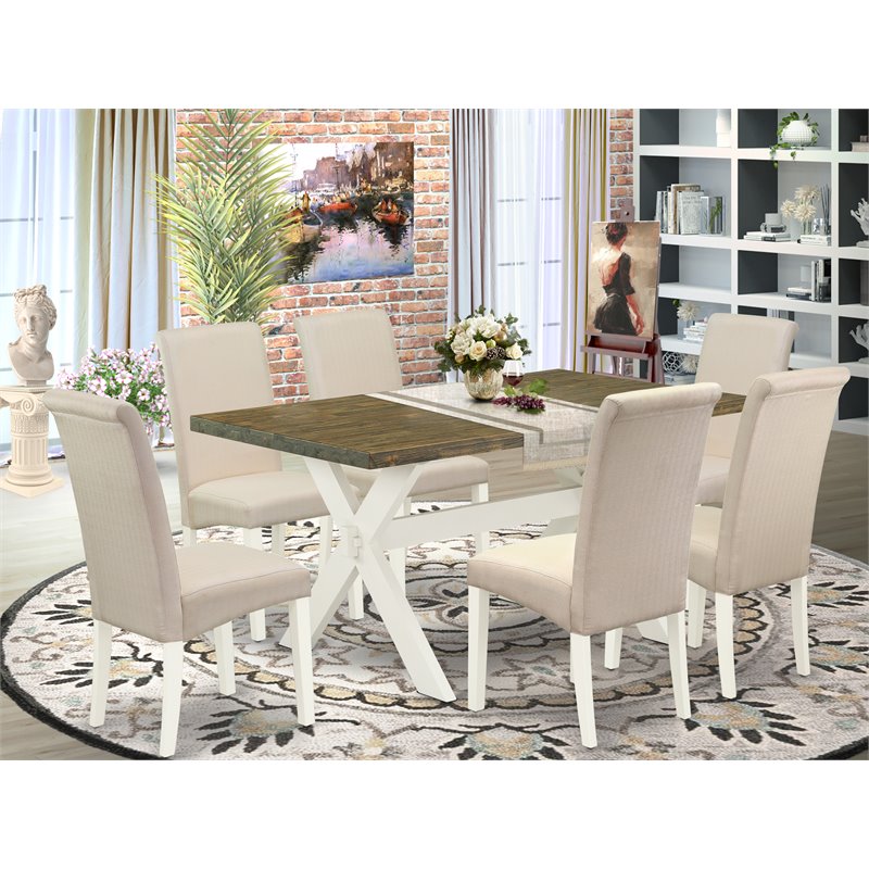 Pemberly Row X-Style 7-Piece Wood Dining Set in Cream/Distressed Jacobean