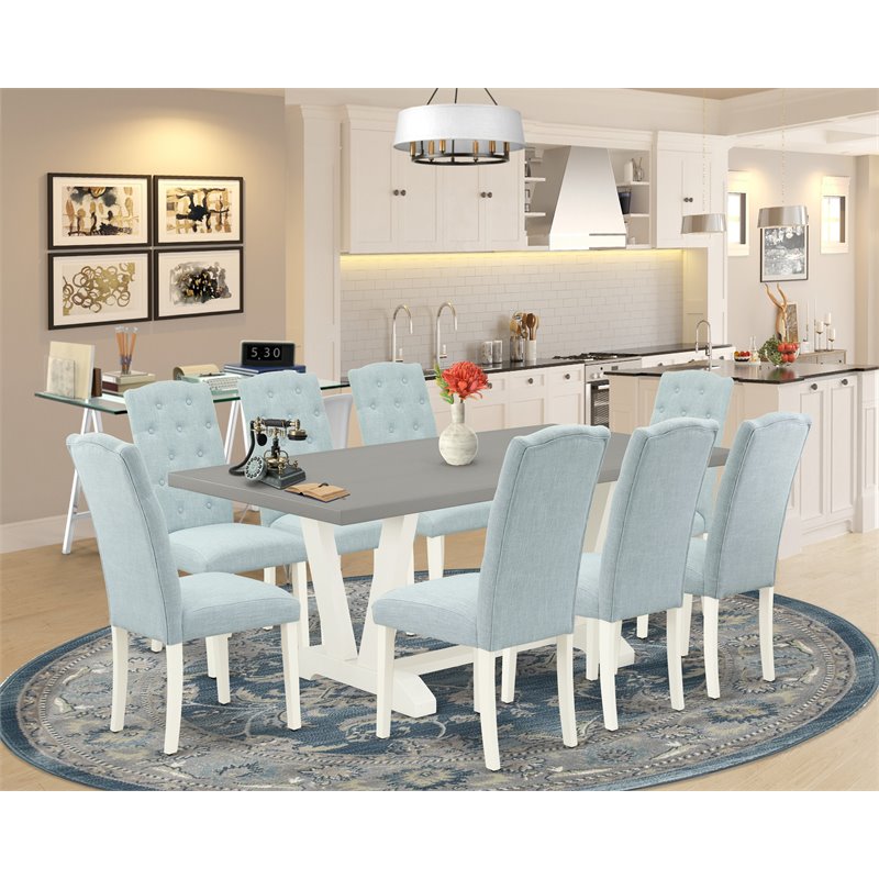 Pemberly Row 9-Piece Wood Dining Table Set with Blue Upholstered Chairs