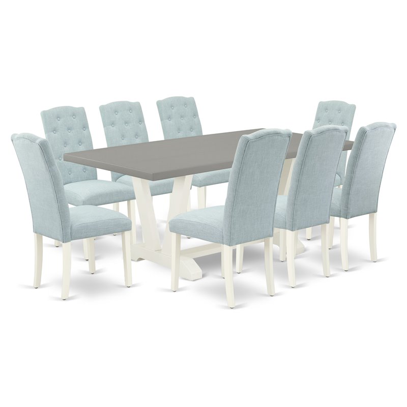 Pemberly Row 9-Piece Wood Dining Table Set with Blue Upholstered Chairs
