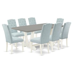 Pemberly Row 9-Piece Wood Dining Table Set with Blue Upholstered Chairs