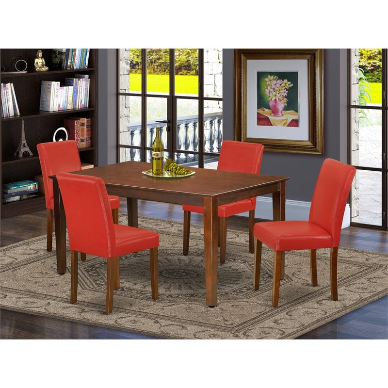 Pemberly Row 5-Piece Wood Dining Set with Mahogany Table and Red Chairs