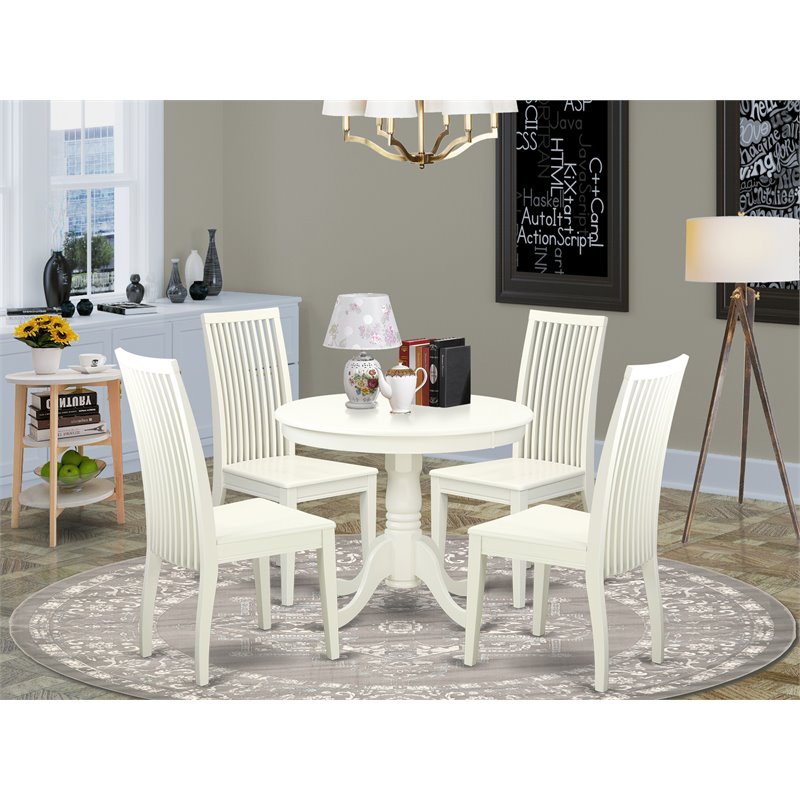 Pemberly Row 5-Piece Traditional Round Wood Dining Set in Linen White