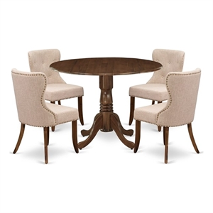 Pemberly Row 5-Piece Antique Walnut Round Table Set with Tan Upholstery