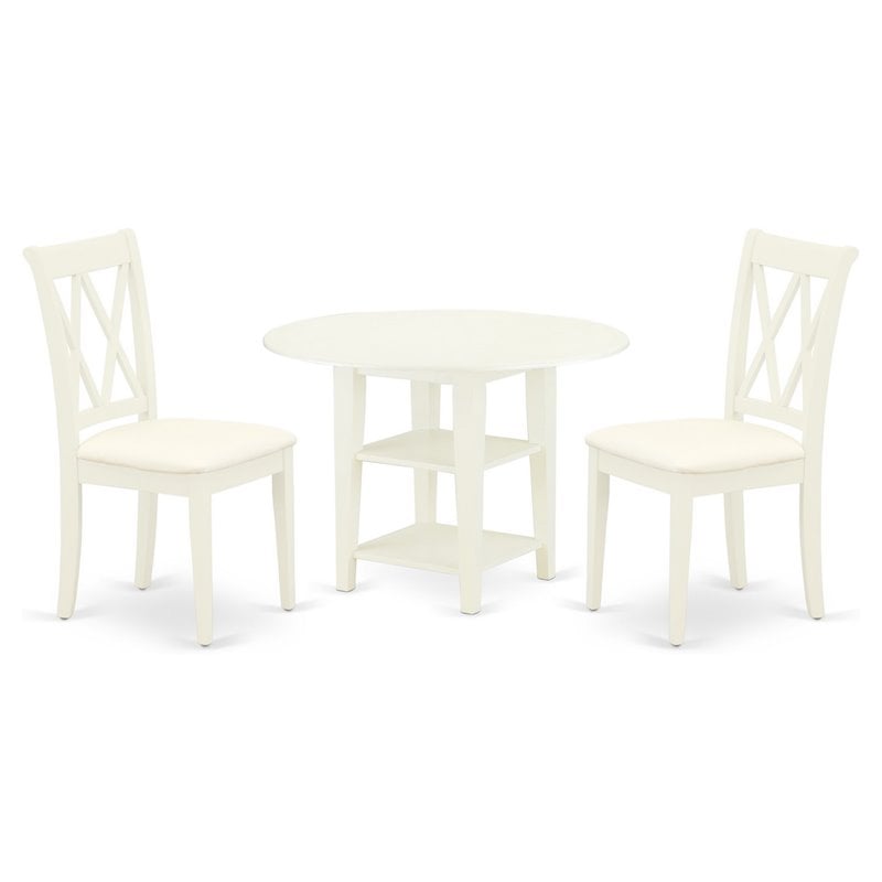 Pemberly Row White Wood 3-Piece Drop Leaf Dining Set with Linen Upholstery
