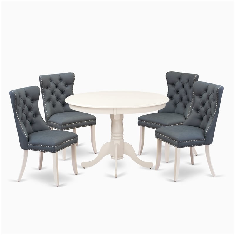 Pemberly Row 5-Piece Wood Round Dining Set in Linen White & Platinum Gray