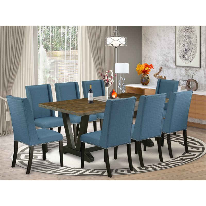 Pemberly Row 9-Piece Wood Dining Set with Black Finish and Mineral Blue Chairs