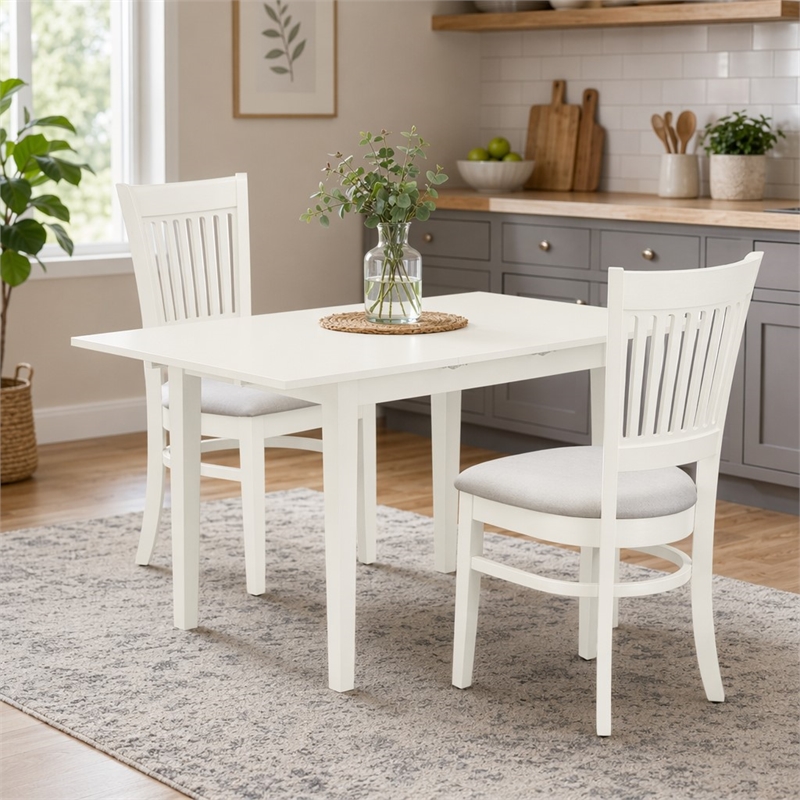 Pemberly Row 3-Piece Dining Set with Wood Table and Fabric Chairs in Linen White