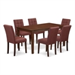 Pemberly Row 7-Piece Dining Table Set Mahogany Wood Burgundy Faux Leather