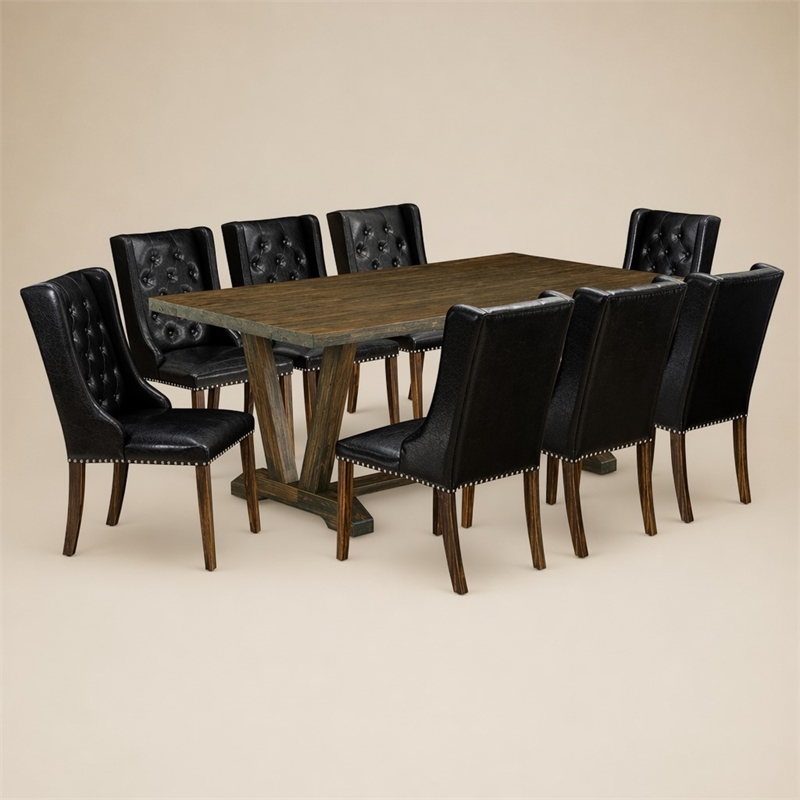 Pemberly Row V-Style 9-Piece Wood Dining Set in Distressed Jacobean