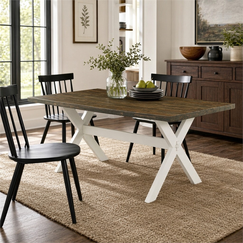 Pemberly Row X-Style Rectangular Wood Dining Table in White and Brown