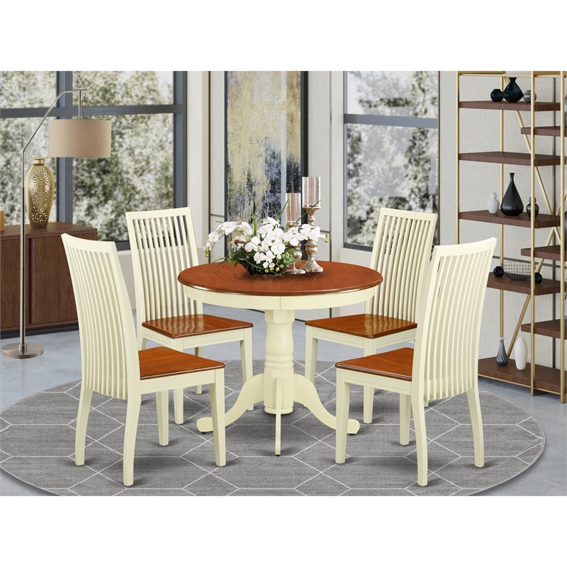 Pemberly Row Antique 5-Piece Dining Set in Buttermilk and Cherry Wood