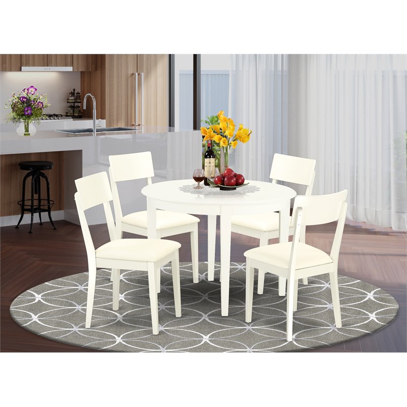 Pemberly Row Boston 5 Pc Dining Set with Faux Leather Chairs in Linen White