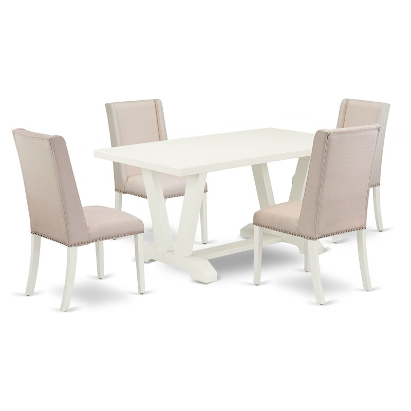 Pemberly Row 5-Piece Wood Kitchen Set in Linen White with Cream Chairs
