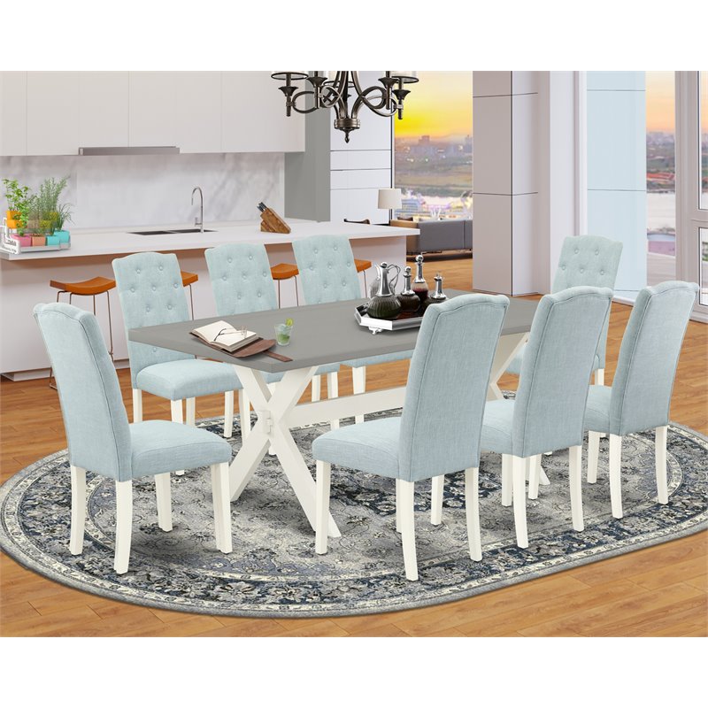 Pemberly Row 9-Piece Wood Dining Set in Multi-Color with Linen Fabric Seats
