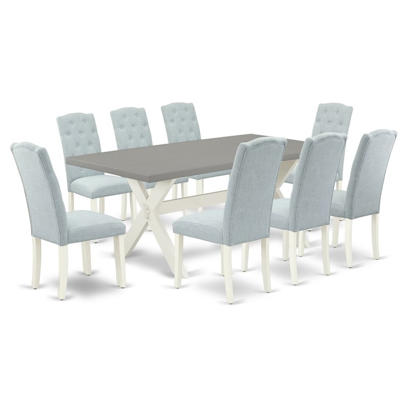 Pemberly Row 9-Piece Wood Dining Set in Multi-Color with Linen Fabric Seats