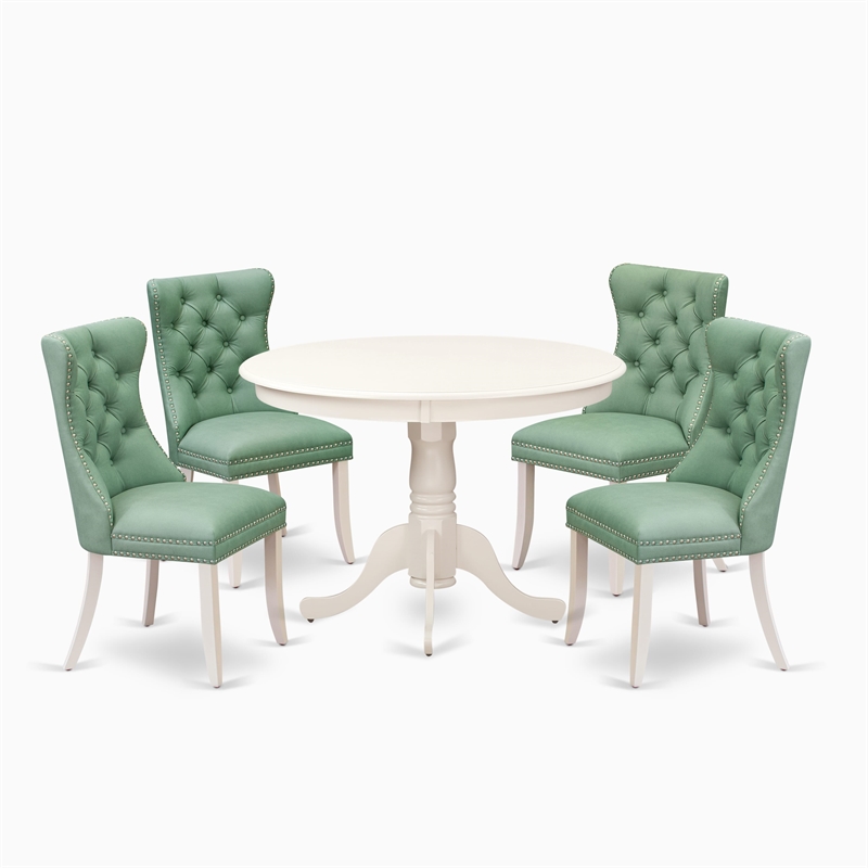 Pemberly Row 5-Piece Dining Set with Faux Leather Chairs in Linen White