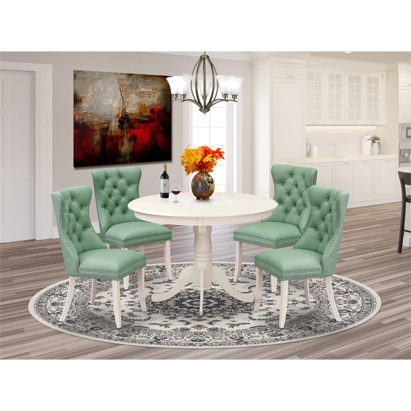 Pemberly Row 5-Piece Dining Set with Faux Leather Chairs in Linen White