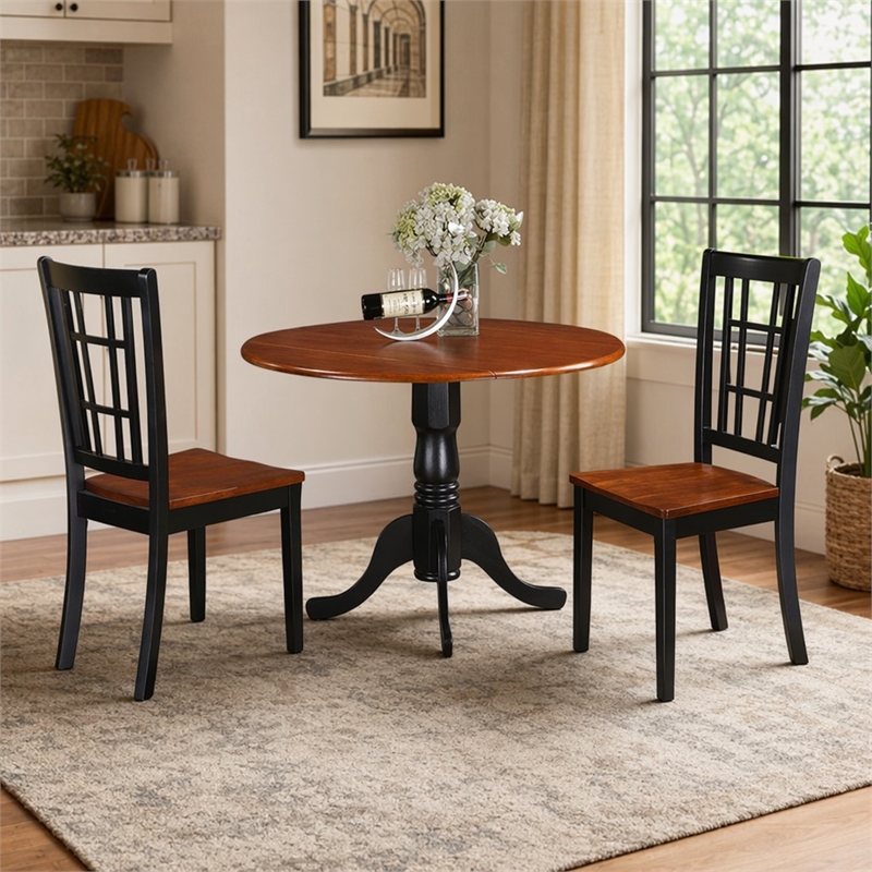 Pemberly Row 3-Piece Drop Leaf Wood Kitchen Table Set in Black and Cherry
