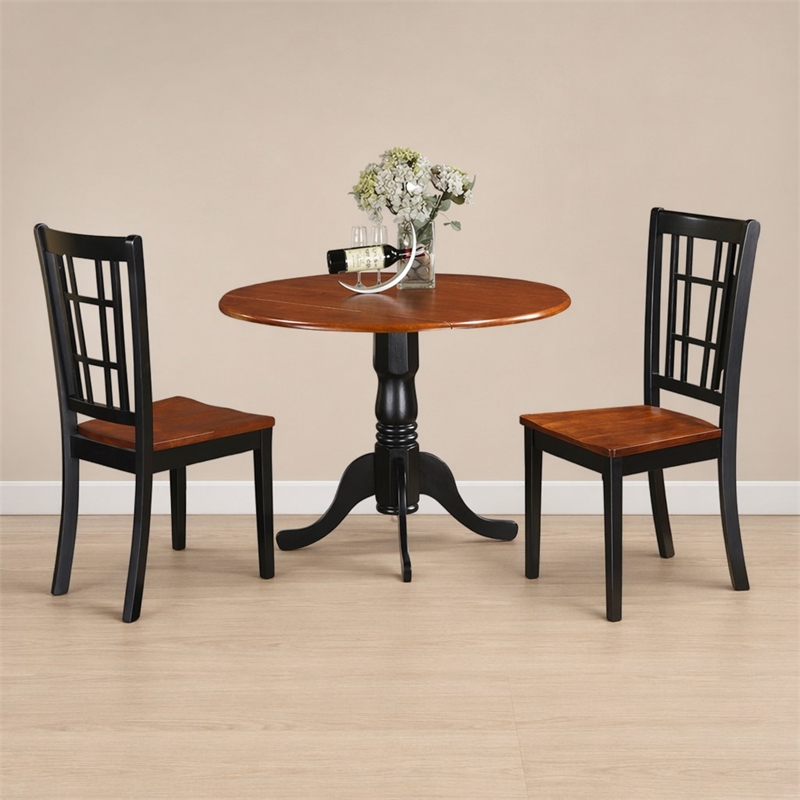 Pemberly Row 3-Piece Drop Leaf Wood Kitchen Table Set in Black and Cherry