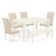 Pemberly Row 6-Piece Dining Set with Bench in Linen White and Light Beige
