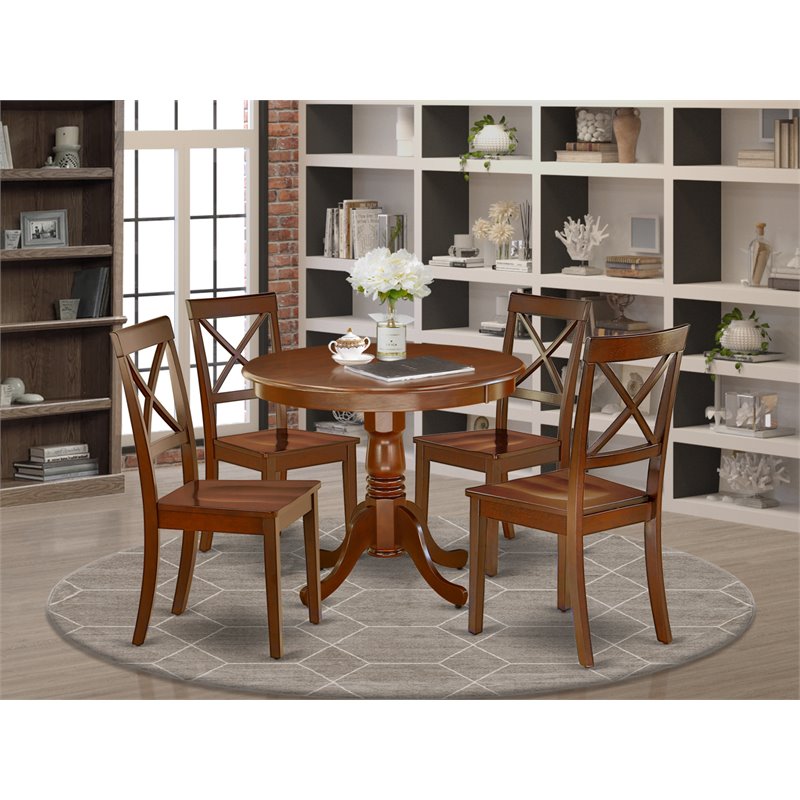 Pemberly Row 5-Piece Wood Dining Set in Mahogany with Linen White Seats
