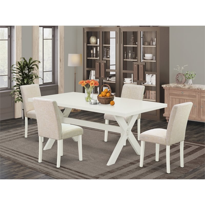 Pemberly Row X-Style 5-Piece Wood Dining Set in Linen White and Beige