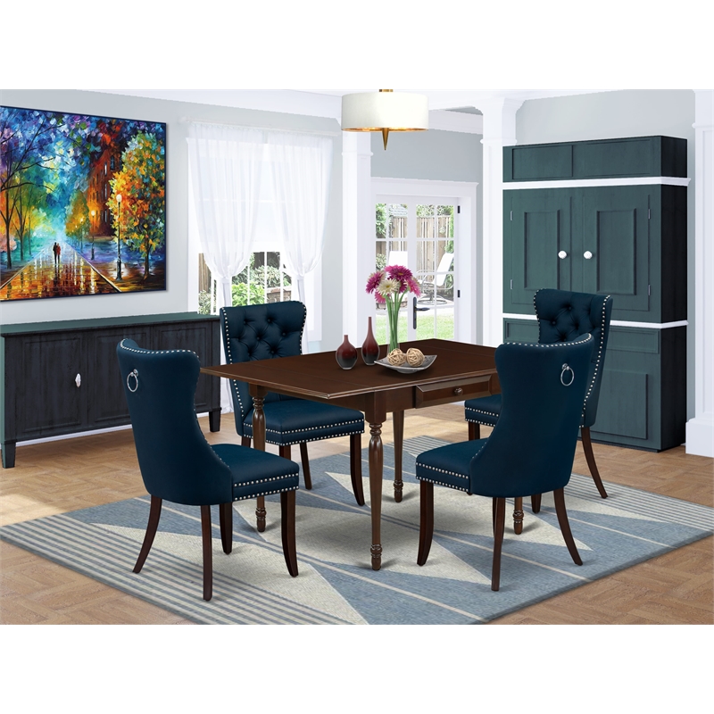 Pemberly Row 5-Piece Kitchen Table Set with Drop Leaf in Mahogany and Blue
