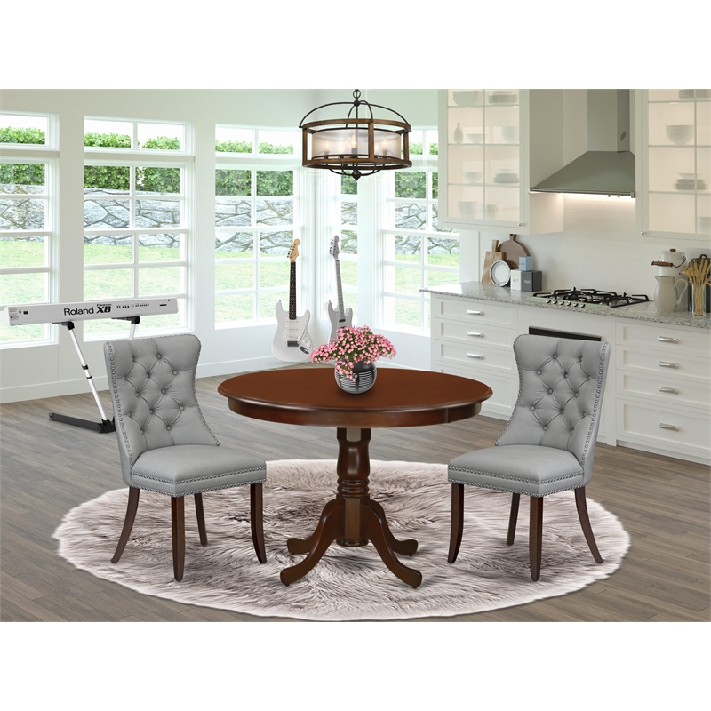 Pemberly Row 3-Piece Mahogany Dining Set with Light Gray Upholstery