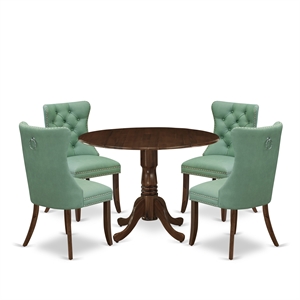 Pemberly Row 5-Piece Dining Table Set with Dropleaf in Walnut/Green