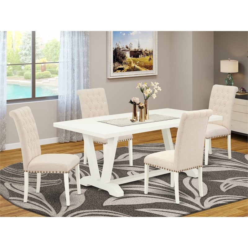 Pemberly Row 5-Piece Wood Dining Table Set in Linen White and Beige
