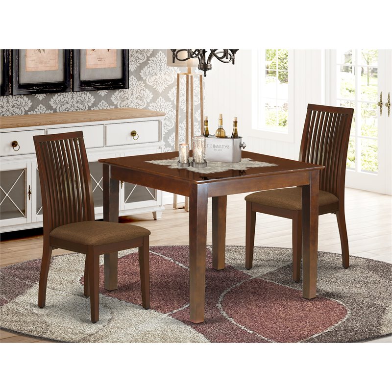 Pemberly Row Oxford 3-Piece Wood Dining Set with Linen Seats in Mahogany