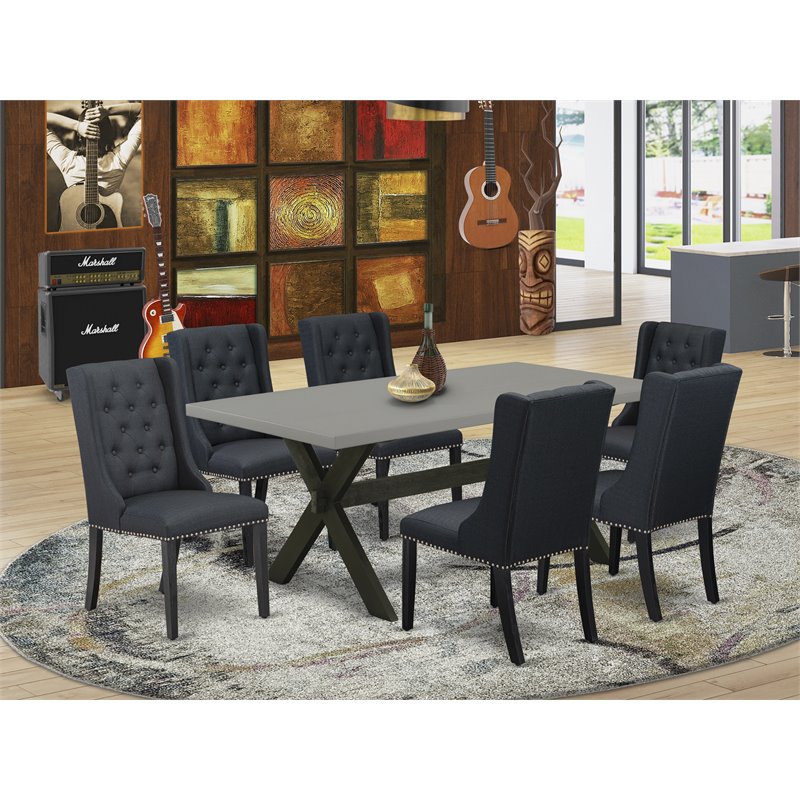 Pemberly Row 7-Piece Dining Set with Cement Tabletop and Linen Seats