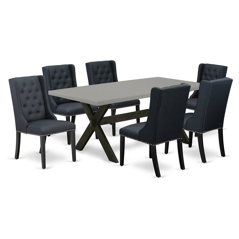 Pemberly Row 7-Piece Dining Set with Cement Tabletop and Linen Seats
