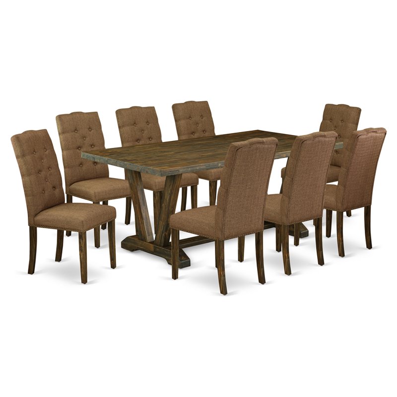 Pemberly Row 9-Piece V-Style Wood Dining Set in Brown Smoke Finish