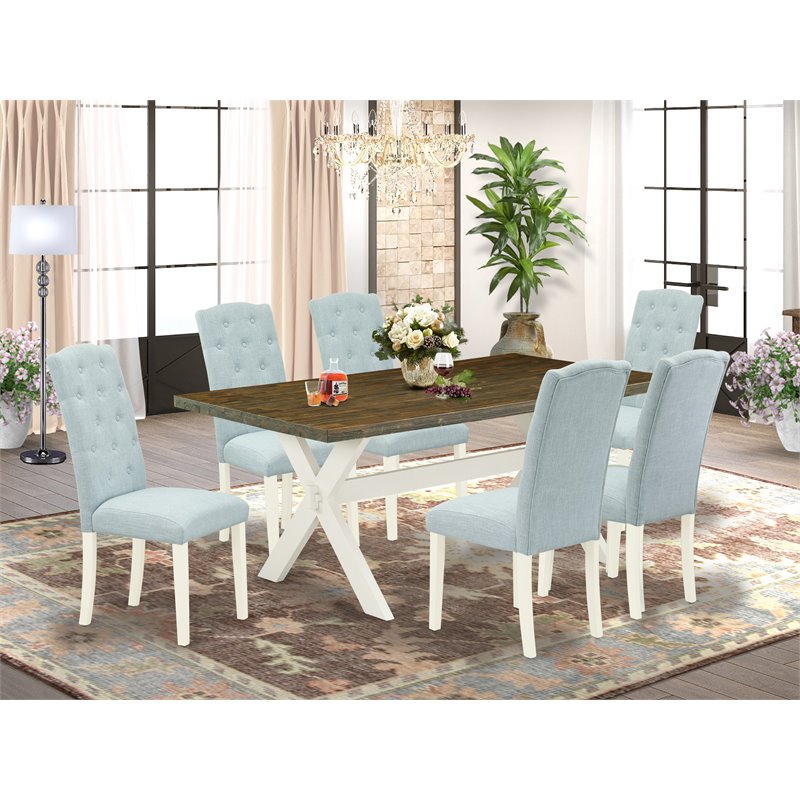 Pemberly Row 7-Piece X-Style Wood Dining Set in Linen White/Baby Blue