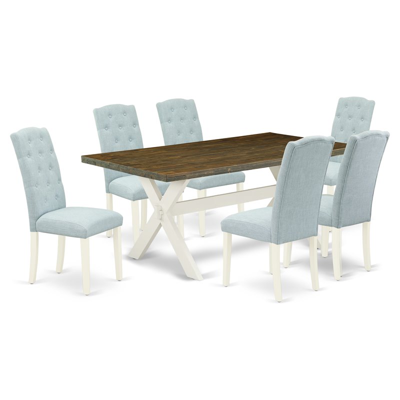 Pemberly Row 7-Piece X-Style Wood Dining Set in Linen White/Baby Blue
