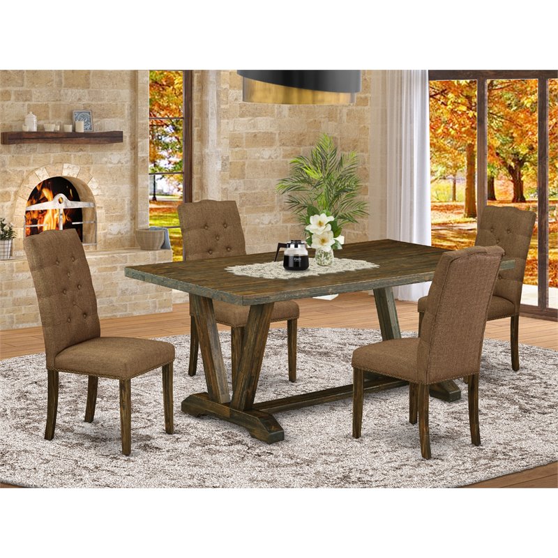 Pemberly Row 5-Piece Wood Dining Set in Jacobean Brown with Beige Chairs