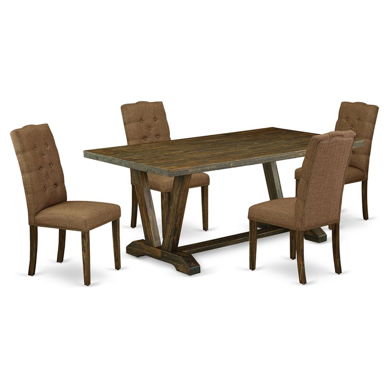 Pemberly Row 5-Piece Wood Dining Set in Jacobean Brown with Beige Chairs