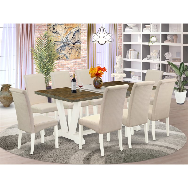 Pemberly Row 9-Piece Wood Dining Set in Linen White with Cream Chairs
