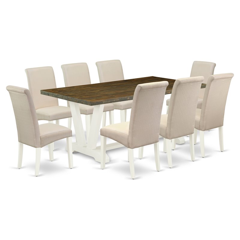 Pemberly Row 9-Piece Wood Dining Set in Linen White with Cream Chairs