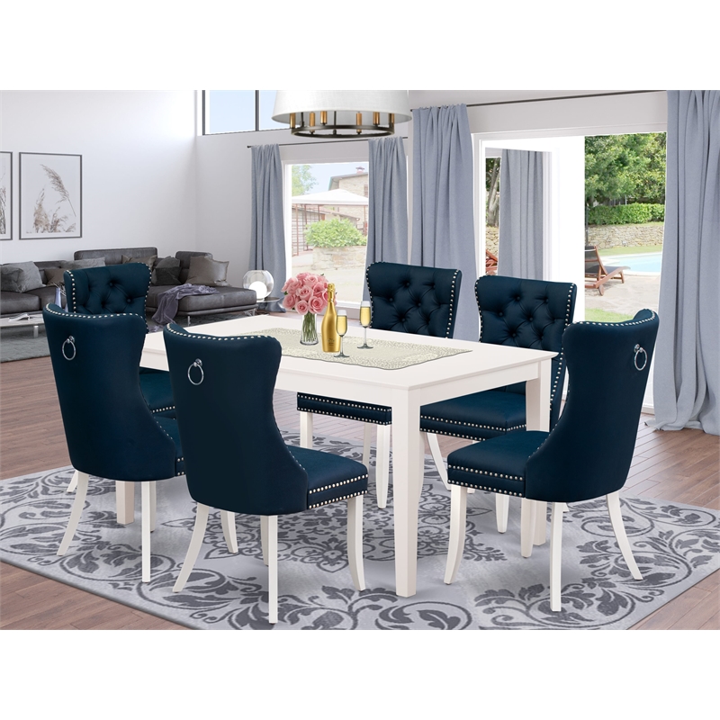 Pemberly Row 7-Piece Rubberwood Dining Set in Linen White/Navy Blue