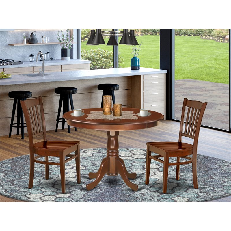 Pemberly Row 3-Piece Round Dining Set in Solid Mahogany Wood Finish