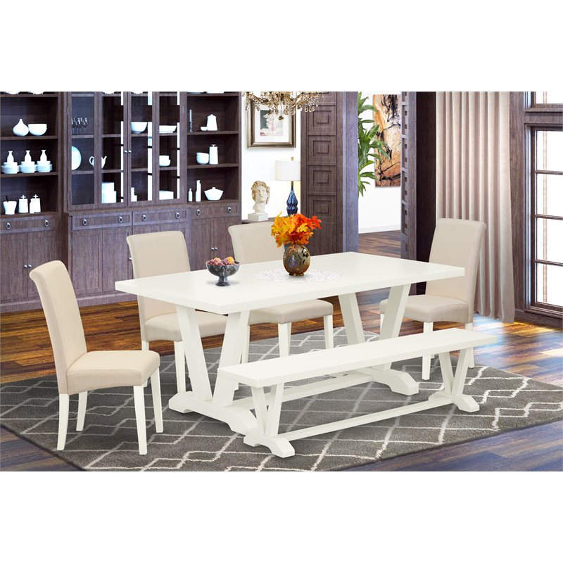 Pemberly Row V-Style 6-Piece Wood Dining Set with Bench in Cream